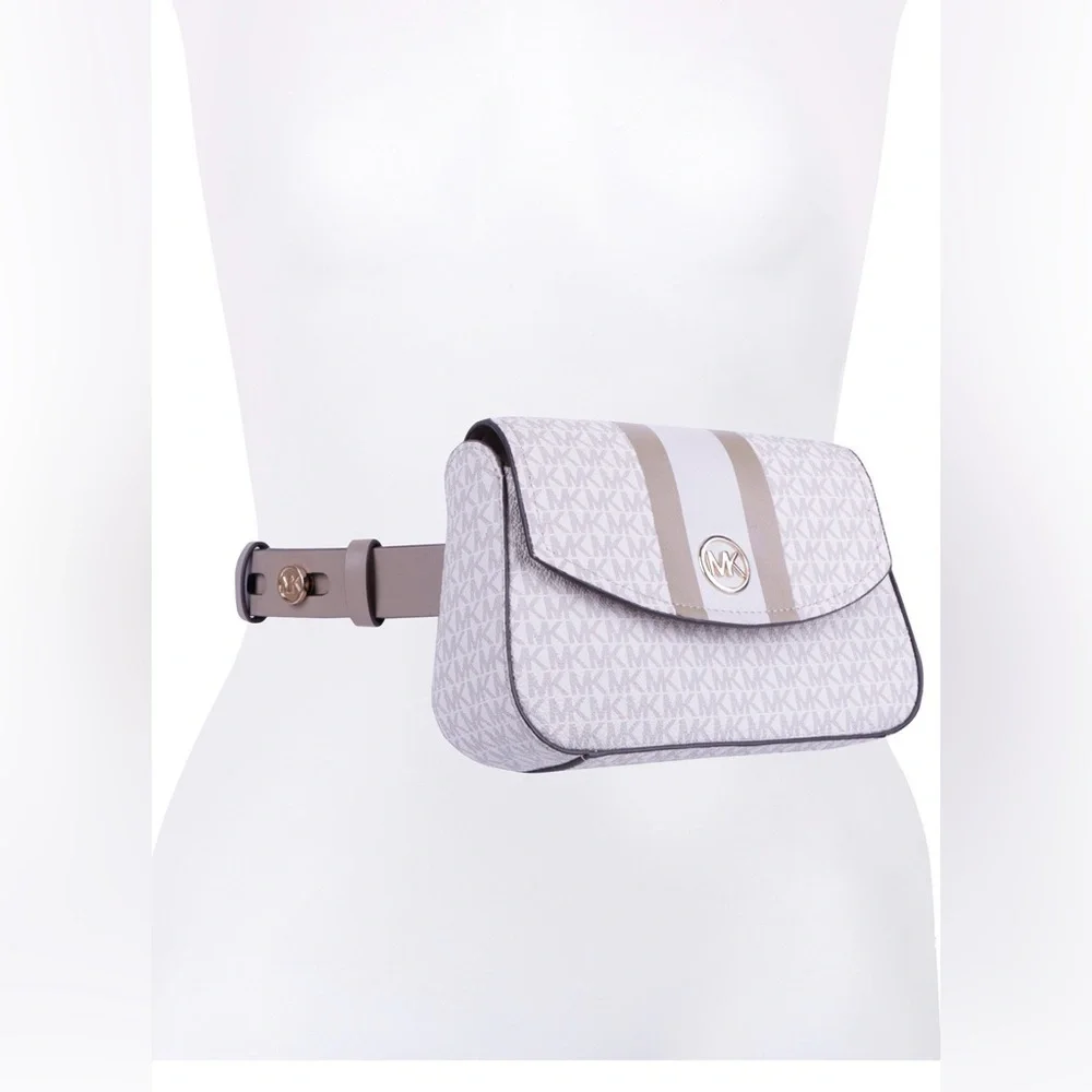 Michael Kors White and Taupe Monogram Crossbody Belt Bag